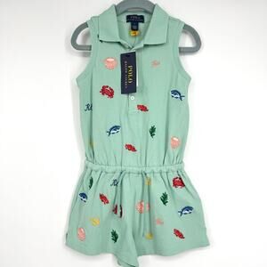 New Polo Ralph Lauren Girl's‎ Embroidered Beach Sea Animals Green Polo Romper
